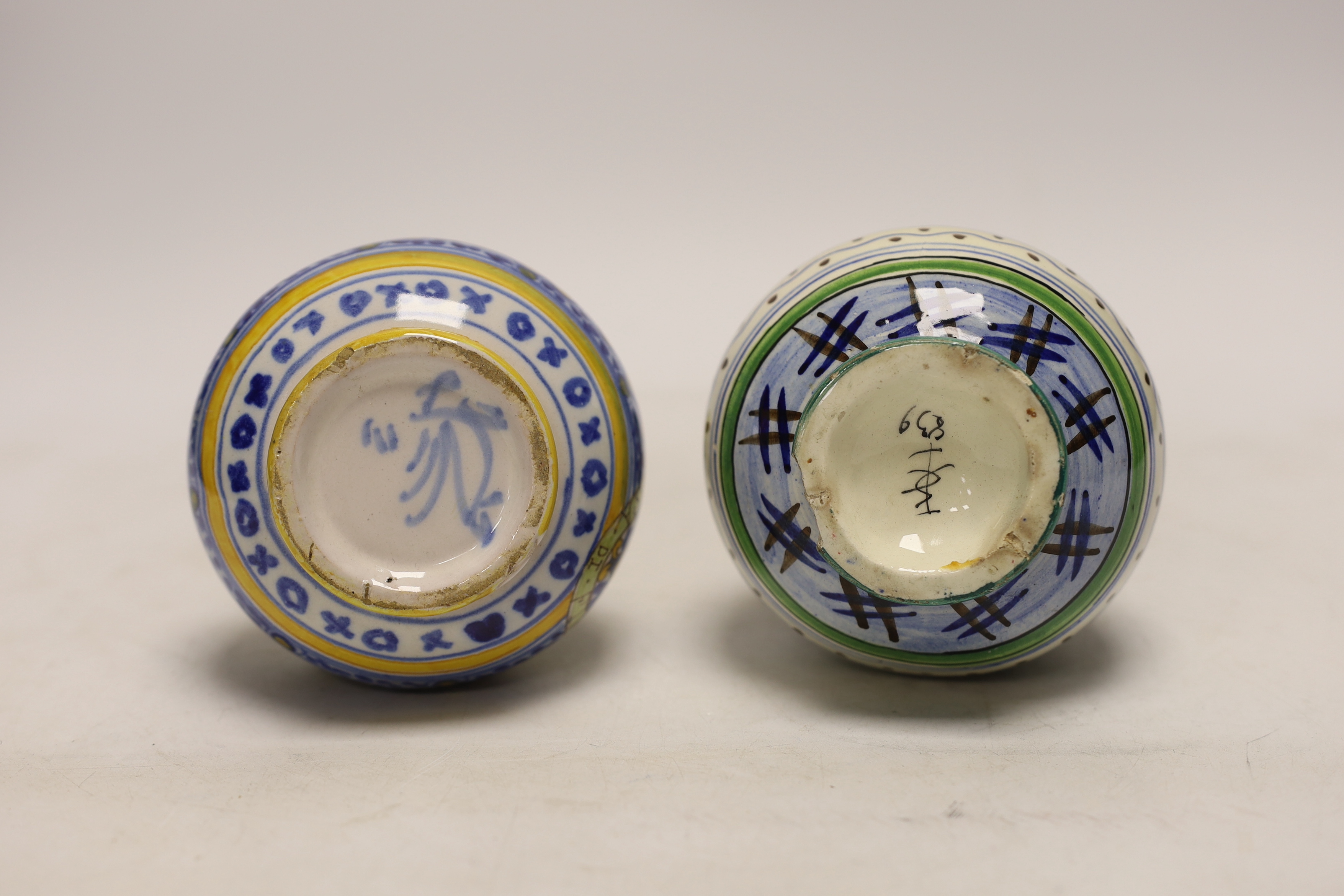Two Italian Maiolica bottle vases, one by Cantagalli, largest 18cm high